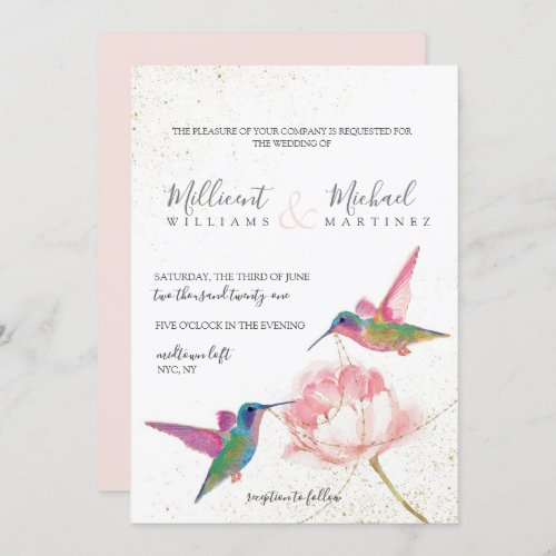 Floral Hummingbirds Pink Gold Watercolor Wedding Invitation