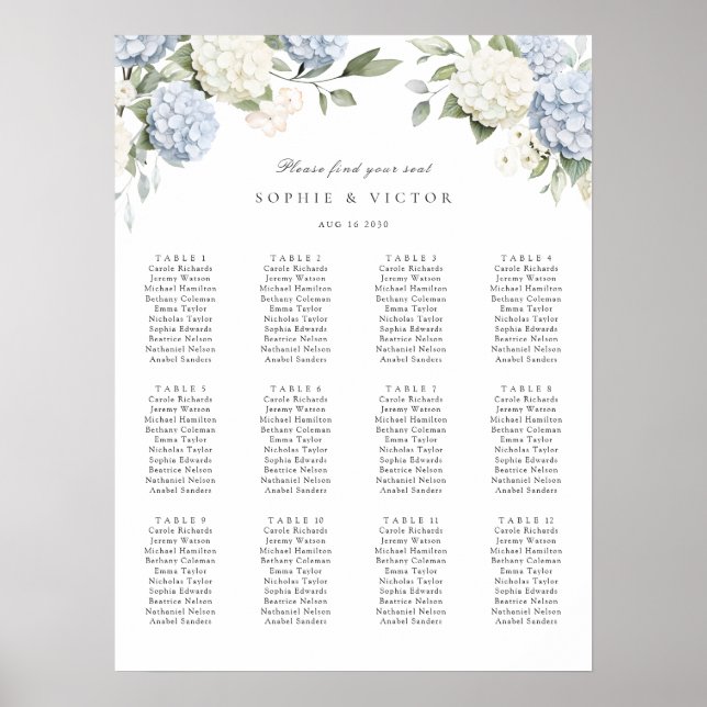 Floral Hydrangea 12 Table Wedding Seating Chart (Front)