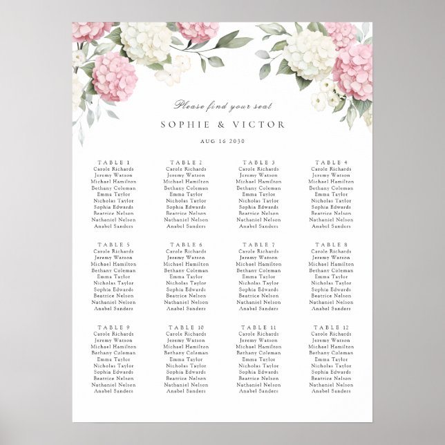 Floral Hydrangea 12 Table Wedding Seating Chart (Front)