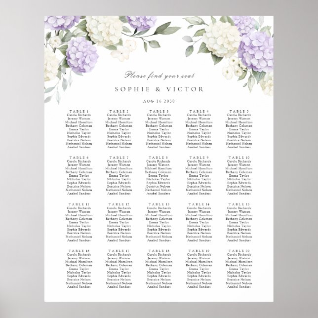 Floral Hydrangea 20 Table Wedding Seating Chart (Front)