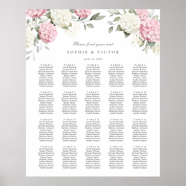 Floral Hydrangea 20 Table Wedding Seating Chart (Front)