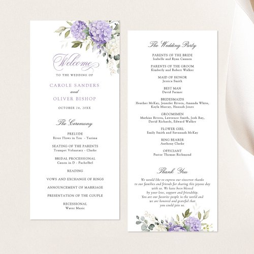 Floral Hydrangea Greenery Purple Wedding Program