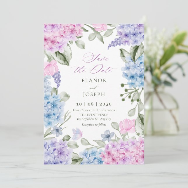Floral hydrangea wedding save the date (Standing Front)