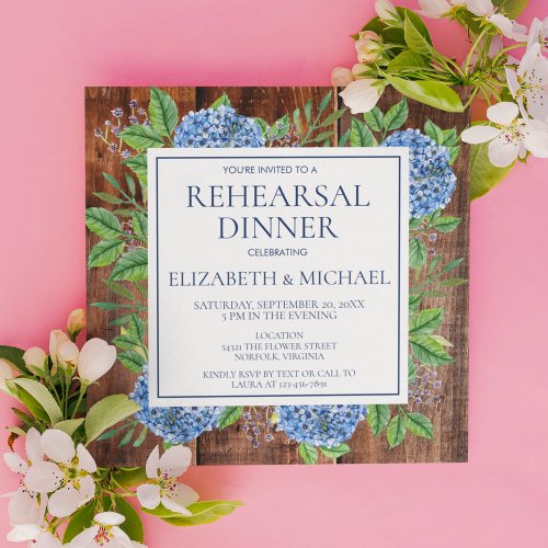 Floral Hydrangeas Rustic Wood Rehearsal Dinner Invitation