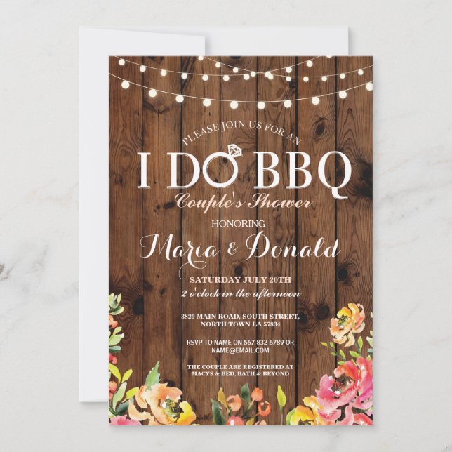 Floral I DO BBQ Couples Shower Coral Wood Invite (Front)