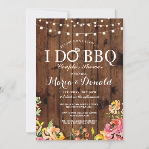 Floral I DO BBQ Couples Shower Coral Wood Invite