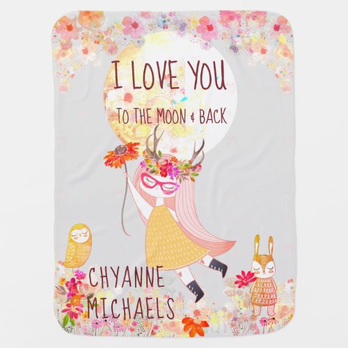 Floral I Love You to the moon  back Watercolor Baby Blanket