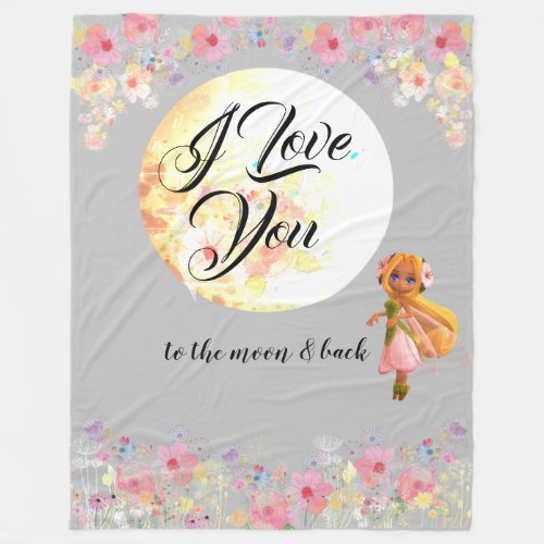 Floral I Love You to the moon  back Watercolor Fleece Blanket