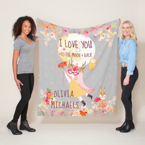 Floral I Love You to the moon  back Watercolor Fleece Blanket