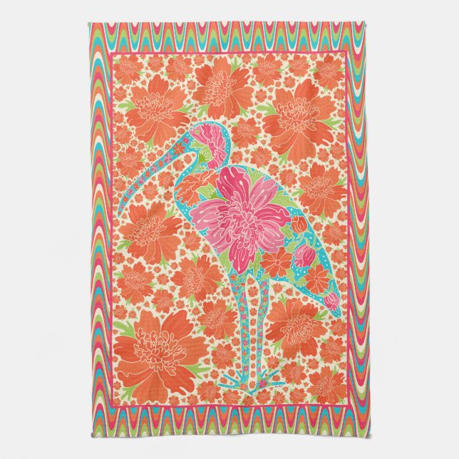 Floral Ibis Bird Retro Wavy Border Design Kitchen Towel (Vertical)