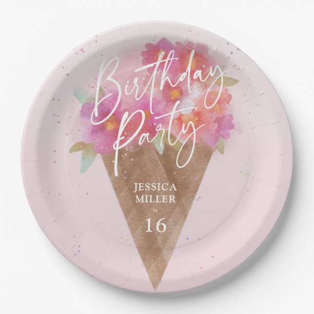 Floral Ice Cream Cone Birthday Party  Paper Plates (Front)