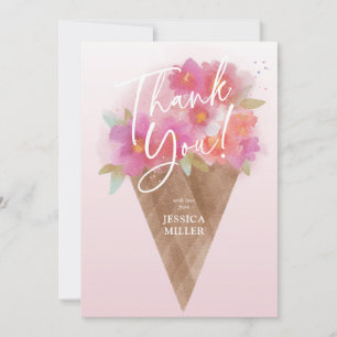 Floral Ice Cream Cone Flat Thank You Card