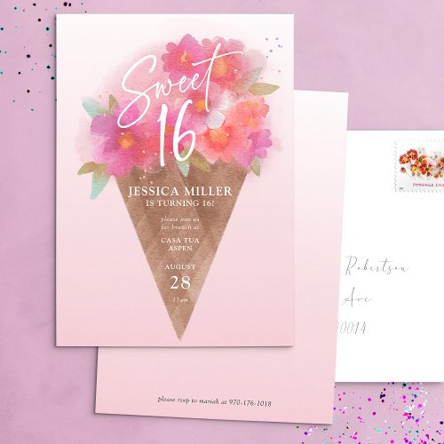 Floral Ice Cream Cone Sweet 16 Birthday Invitation
