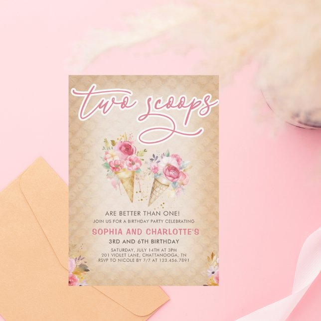 Floral Ice Cream Cone Two Scoops Joint Birthday  Invitation (Creator Uploaded)