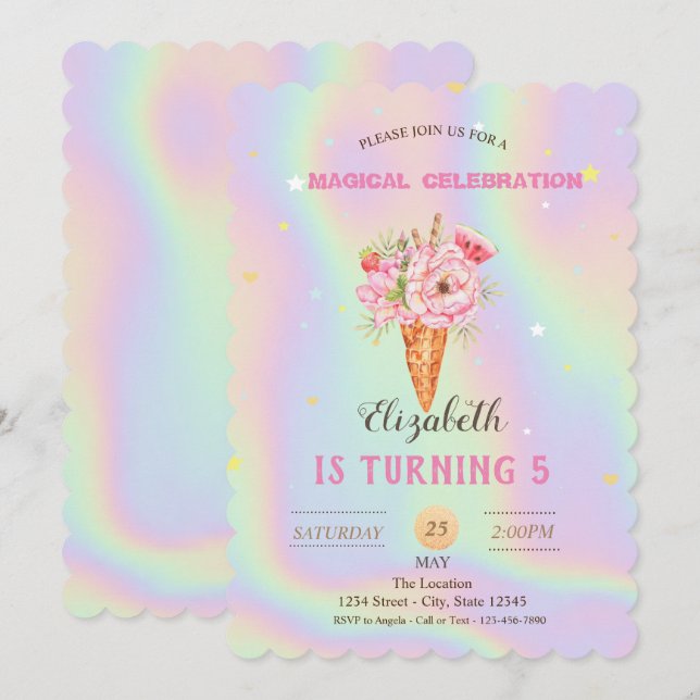 Floral Ice cream Holographic Birthday Invitation (Front/Back)