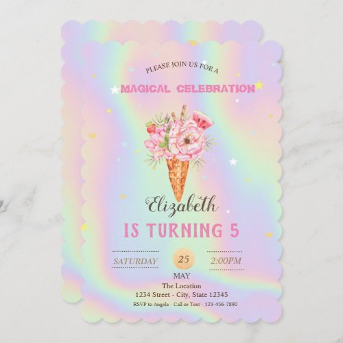 Floral Ice cream Holographic Birthday Invitation