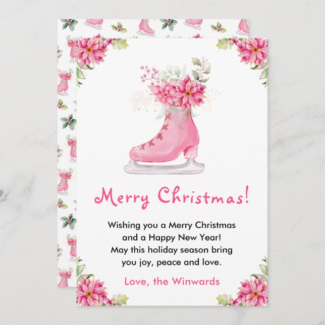 Floral Ice Skate Pink Merry Christmas Holiday Card (Front/Back)