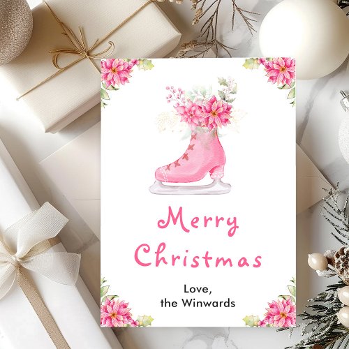 Floral Ice Skate Pink Merry Christmas Holiday Card