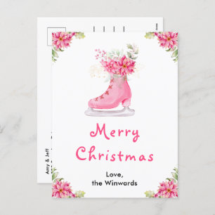 Floral Ice Skate Pink Merry Christmas Holiday Postcard