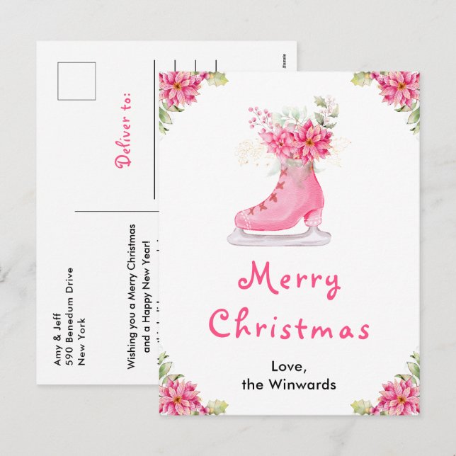 Floral Ice Skate Pink Merry Christmas Holiday Postcard (Front/Back)