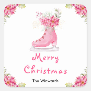 Floral Ice Skate Pink Merry Christmas Square Sticker