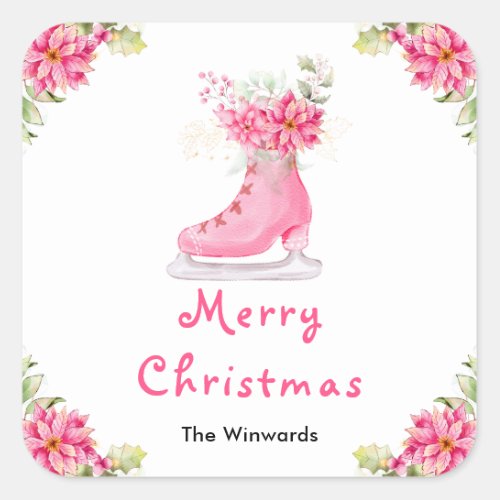 Floral Ice Skate Pink Merry Christmas Square Sticker