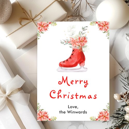 Floral Ice Skate Red Merry Christmas Holiday Card