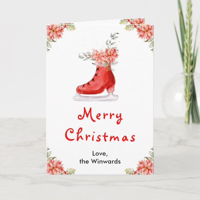 Floral Ice Skate Red Merry Christmas Holiday Card (Front)