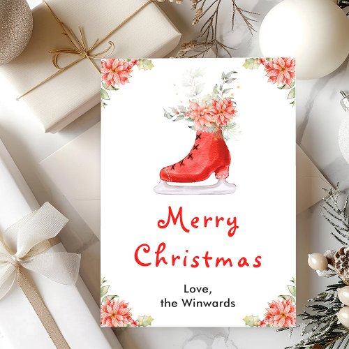 Floral Ice Skate Red Merry Christmas Holiday Postcard