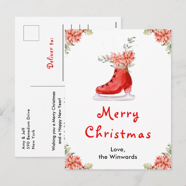 Floral Ice Skate Red Merry Christmas Holiday Postcard (Front/Back)
