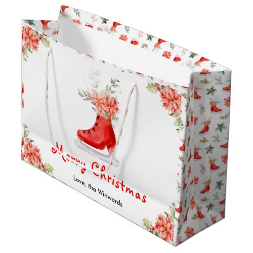 Floral Ice Skate Red Merry Christmas Large Gift Bag