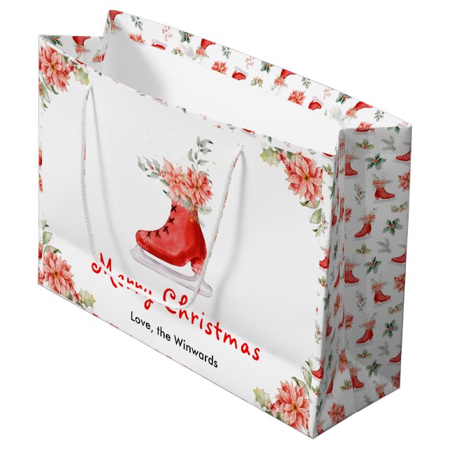 Floral Ice Skate Red Merry Christmas Large Gift Bag (Front Angled)