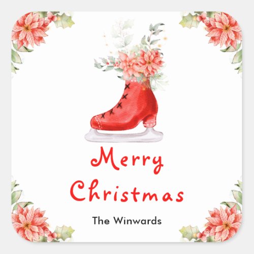 Floral Ice Skate Red Merry Christmas Square Sticker