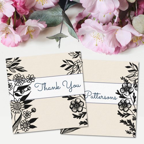 Floral illustration black drawing white and beige square business card