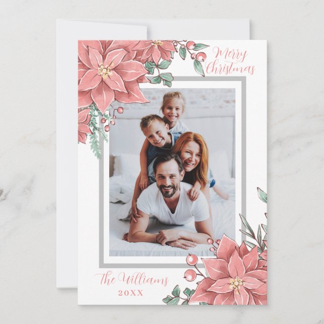 Floral Illustration Merry Christmas Custom Photo Holiday Card (Front)