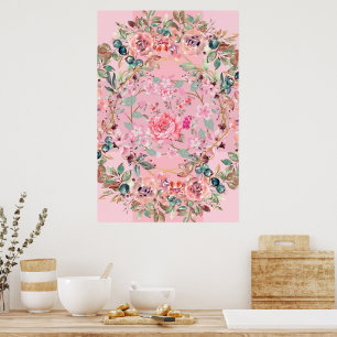 Floral Illustration, Pink Floral Wreath Poster