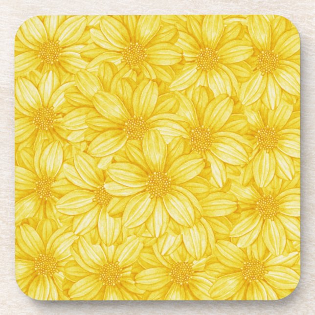 Floral Illustrative Yellow Print Drink Coaster (Front)