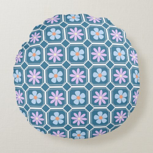 Floral In Block Pattern Design Round Pillow