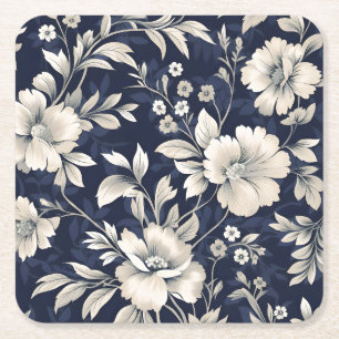 Floral in Blue Square Paper Coaster