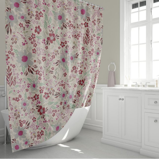 Floral In Gray And Pink Magenta Shower Curtain (Ditsy Floral In Gray And Magenta Textured Shower Curtain by Jenn Steffen for Studio Posies.)