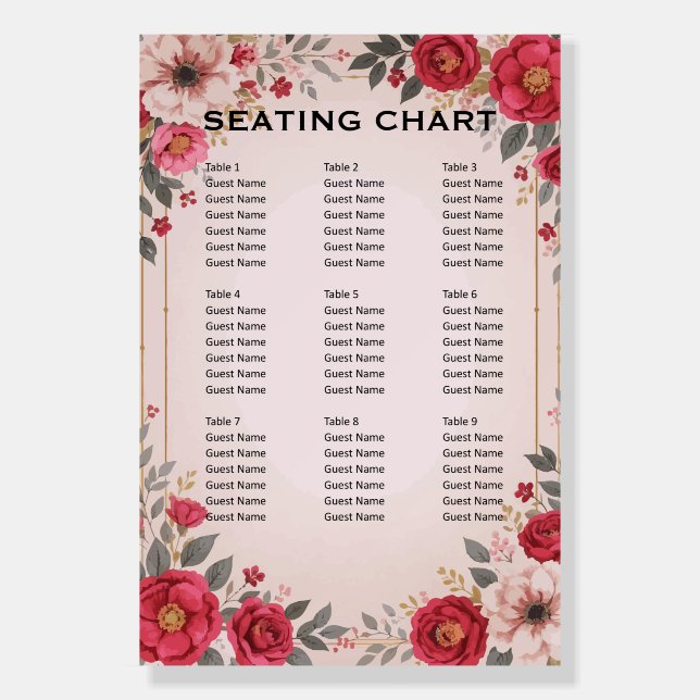 Floral in Pink Wedding Seating Chart Foam Board (Front)