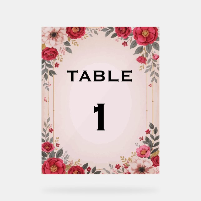 Floral in Pink Wedding Table Acrylic Sign (Front)