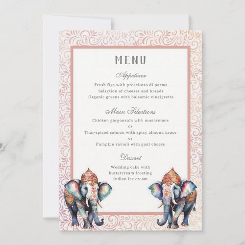 Floral Indian Wedding Elephant Reception Menu Card