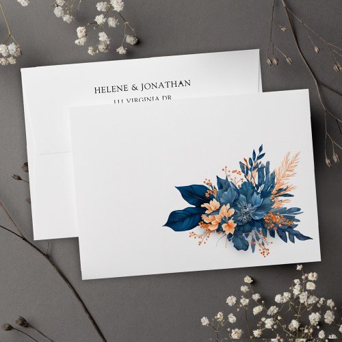 Floral Indigo Rust Wedding Return Address Envelope