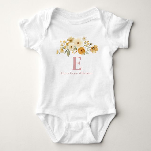 Floral Initial Dusty Rose Girl Monogram  Baby Bodysuit (Front)