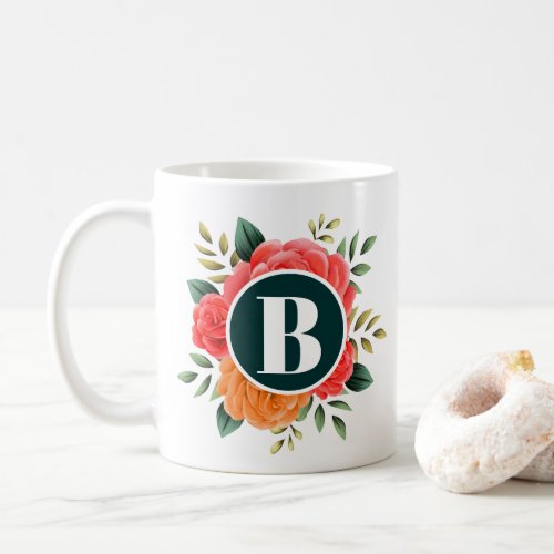  Floral Initial Letter  Teal Monogram Modern Coff Coffee Mug