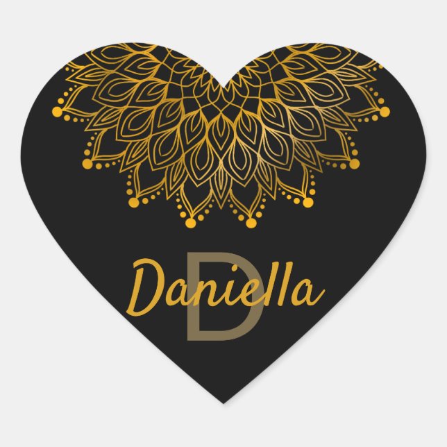 Floral initial monogram gold personalized mandala heart sticker (Front)