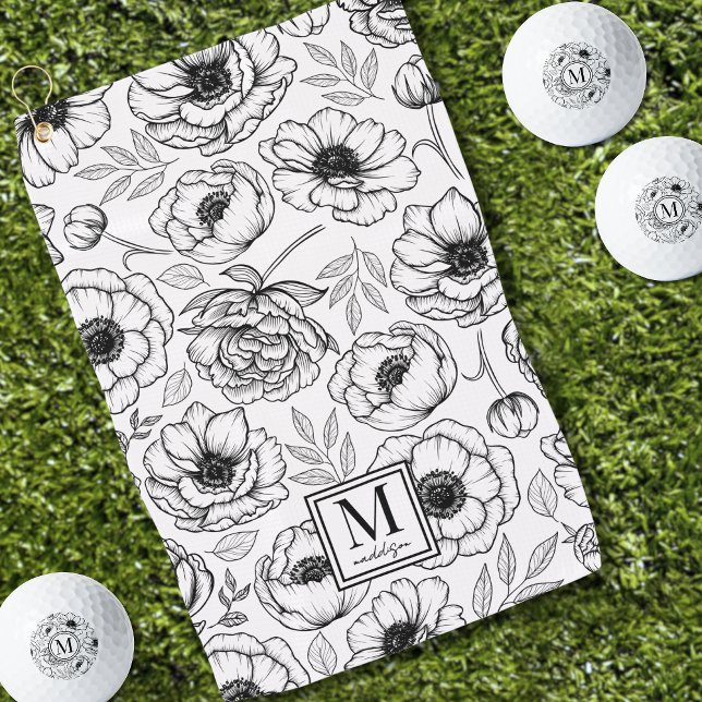 Floral Initial Monogram Golf Towel (Elegant Floral Pattern Initial Monogram Golf Towel)