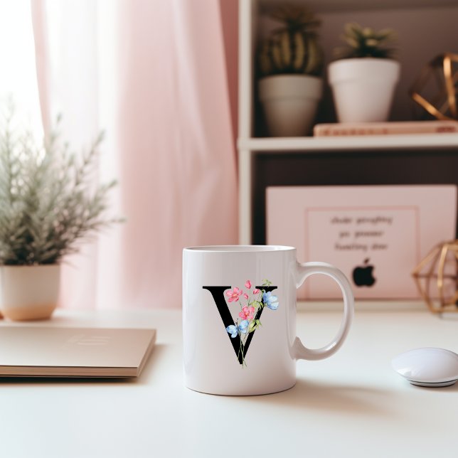 Floral Initial Monogram V Mug (Creator Uploaded)