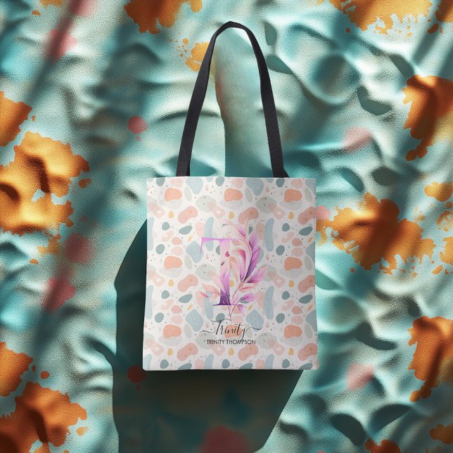 Floral Initial T Tote Bag with Boho Pastel Pattern (Creator Uploaded)